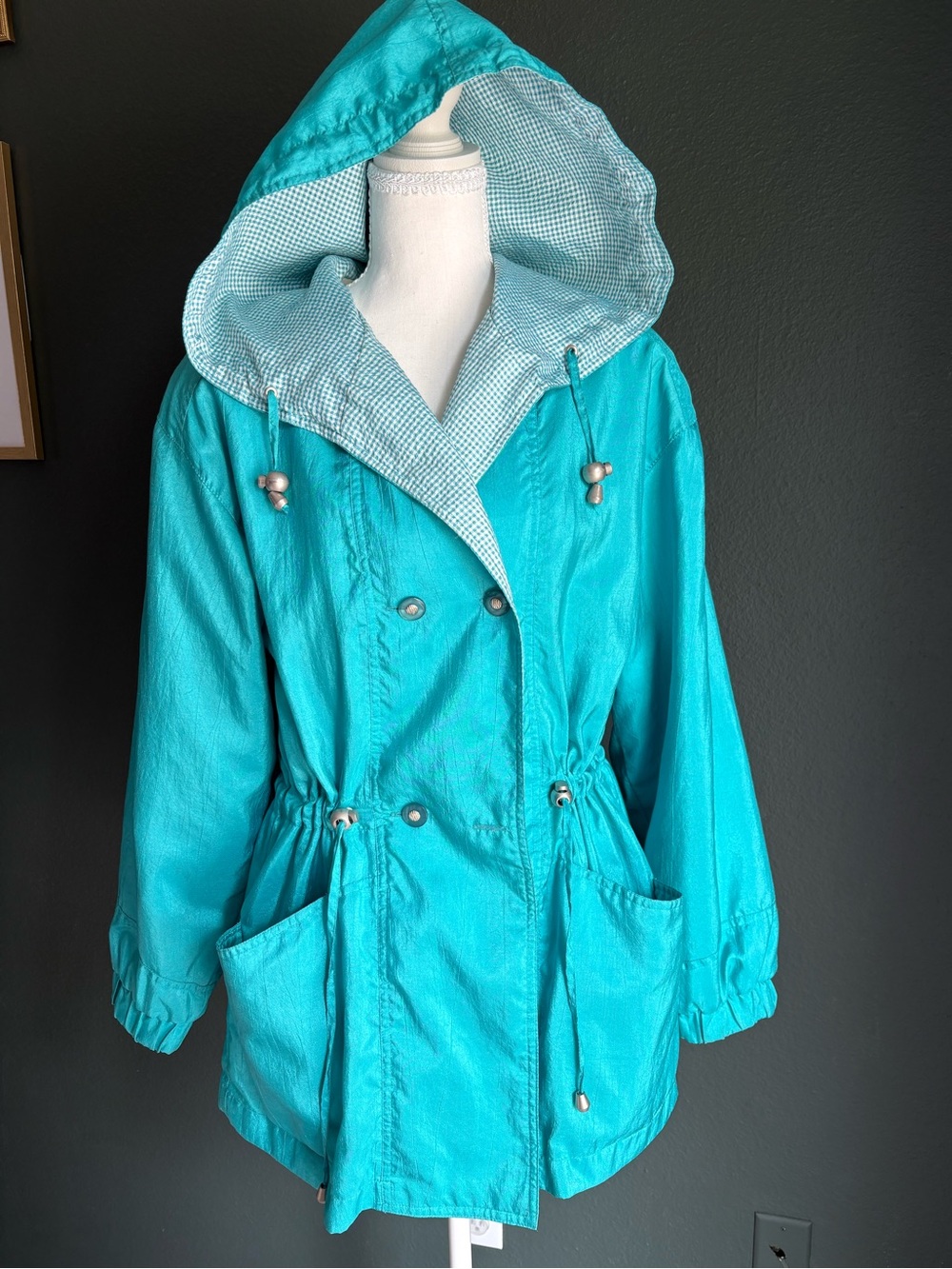 Vintage Current Seen Turquoise Hooded Anorak Rain Jacket Gingham Lined Medium